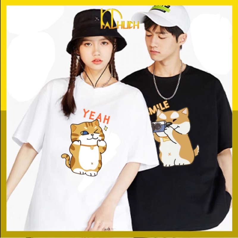 Áo thun tay lỡ in cặp mèo chó dễ thương (ms: smile-yeah)