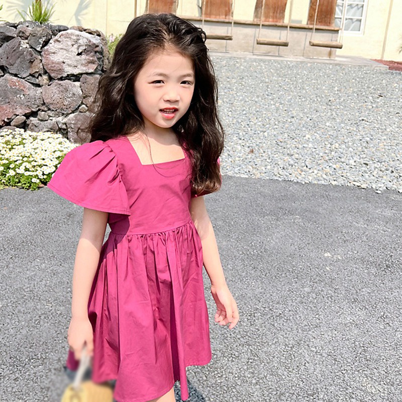 Đầm Công Chúa Cổ Vuông Tay Phồng Cột Dây Thời Trang Mùa Hè Phong Cách Hàn Quốc Cho Bé Gái