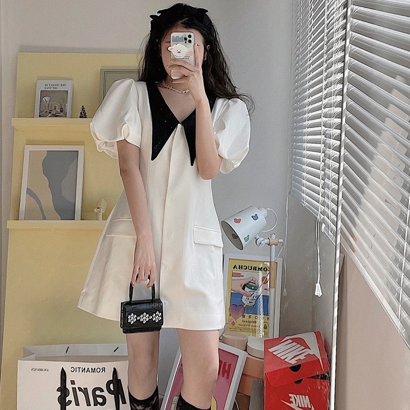 VÁY TRẮNG DÁNG CHỮ A CỔ NHỌN - ĐẦM DỰ TIỆC TAY BỒNG - CHẤT MÁT, HAI MÀU ĐEN-TRẮNG V-CN | BigBuy360 - bigbuy360.vn