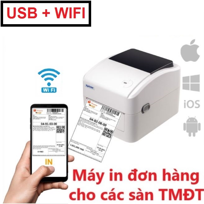 Máy in WIFI XP420B in đơn hàng TMĐT tem nhãn vận chuyển A6 bằng điện thoại iphone Adroid và máy tính PC qua WIFI