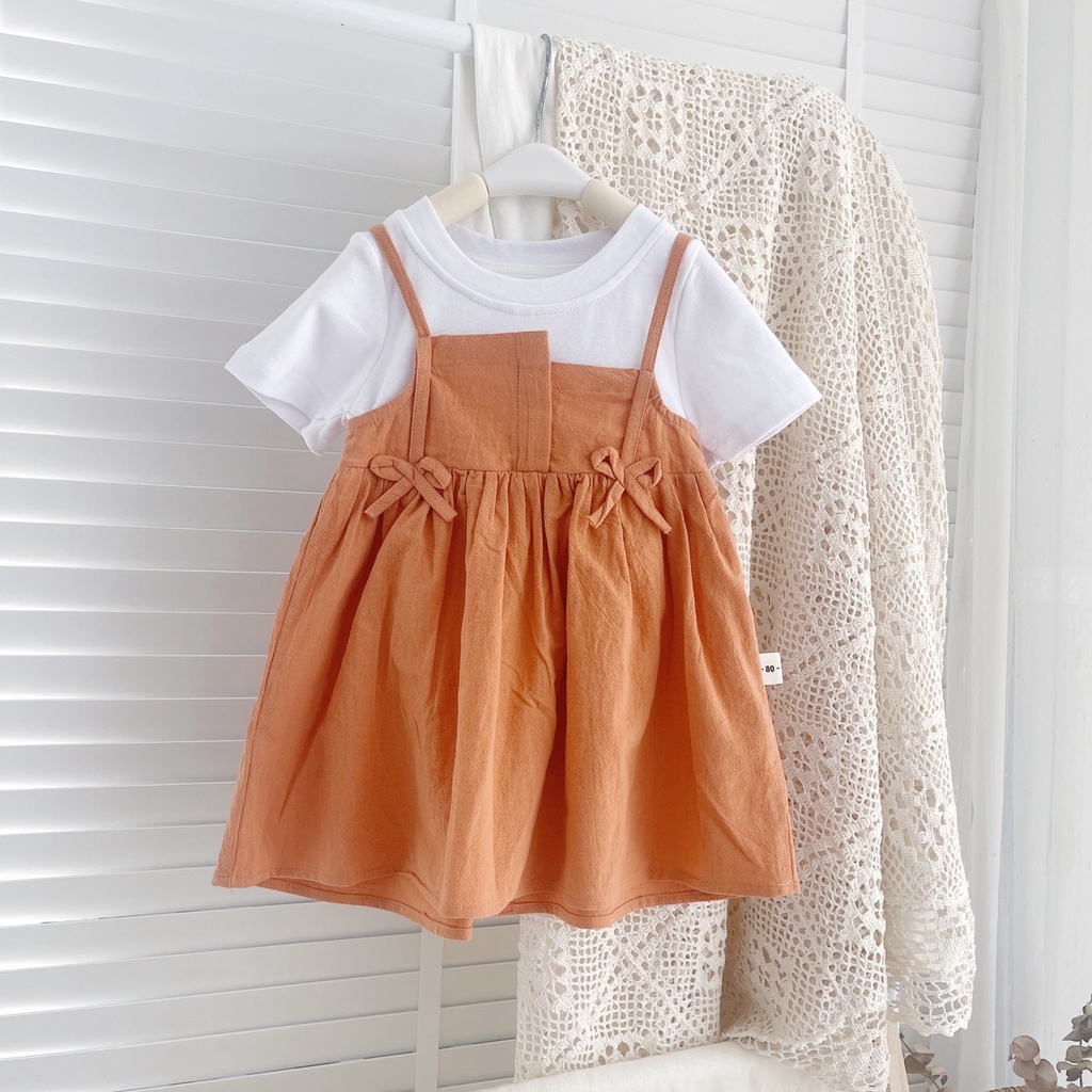 Váy hè cộc tay giả yếm nơ eo cho bé gái 8-21kg (1-5 tuổi