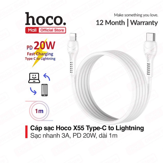 Cáp sạc PD 20W HOCO X55 Type-C to Lightning dành cho iPhone/iPad, sạc nhanh 3A, dây dẻo, đầu sạc chống đứt, dài 100cm