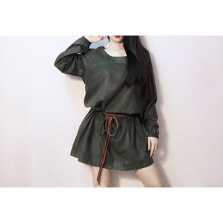 Đầm suông da lộn cột dây bính