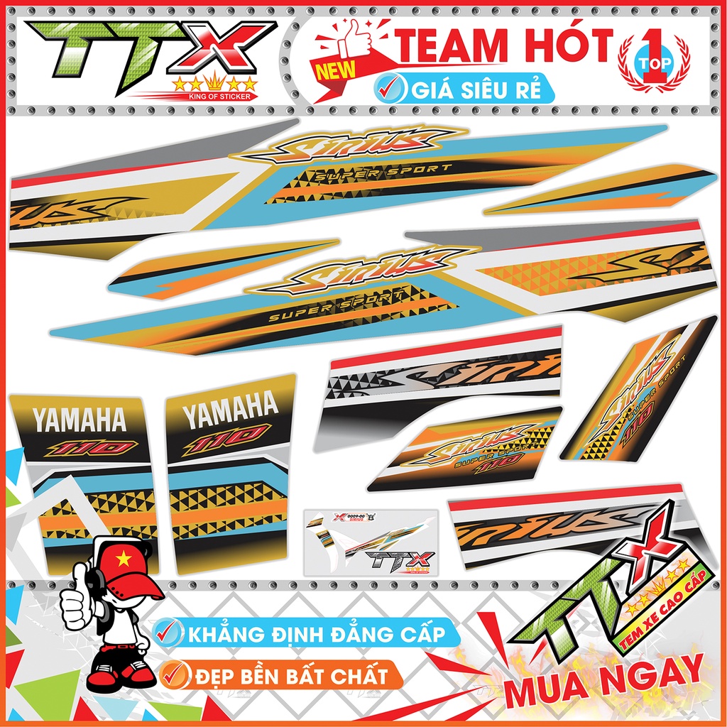 Tem chế sirius 110 tam giác đen , Team rời sirius dán xe màu bạc nền vàng siêu đẹp , Shop TTX Tem sirius mã