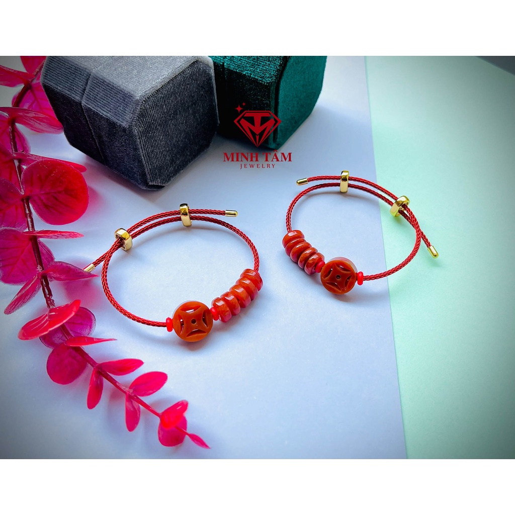 Vòng tay đồn xu tài lộc ngũ điếu Ngọc huyết mix dây cáp kim loại-Minh Tâm Jewelry