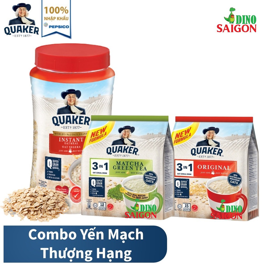 Combo 3 Thức Uống Yến Mạch Quaker gồm 1 Hũ Ăn Liền 600g + 1 Gói 3in1 Vị Matcha Trà Xanh + 1 Gói 3in1 Vị Truyền Thống