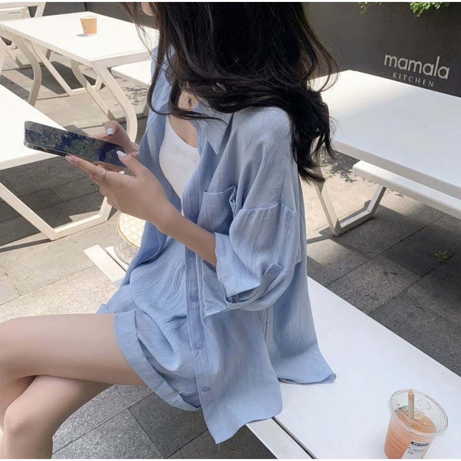 SET 3 MÓN: ÁO SƠ MI XẺ TÀ SAU + ÁO SÁT NÁCH TRẮNG + QUẦN SHORT XANH XƯỢC