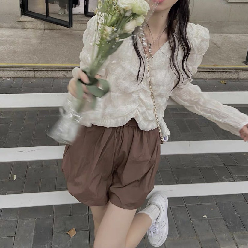 Áo sơ mi crotop tay dài nhún ngực điệu đà!  Ulzzang style Hàng Quảng Châu