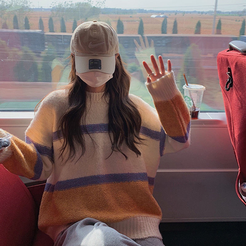 Áo Sweater Dệt Kim Mềm Mại Dáng Rộng Kiểu Retro Thời Trang Thu Đông Cho Nữ