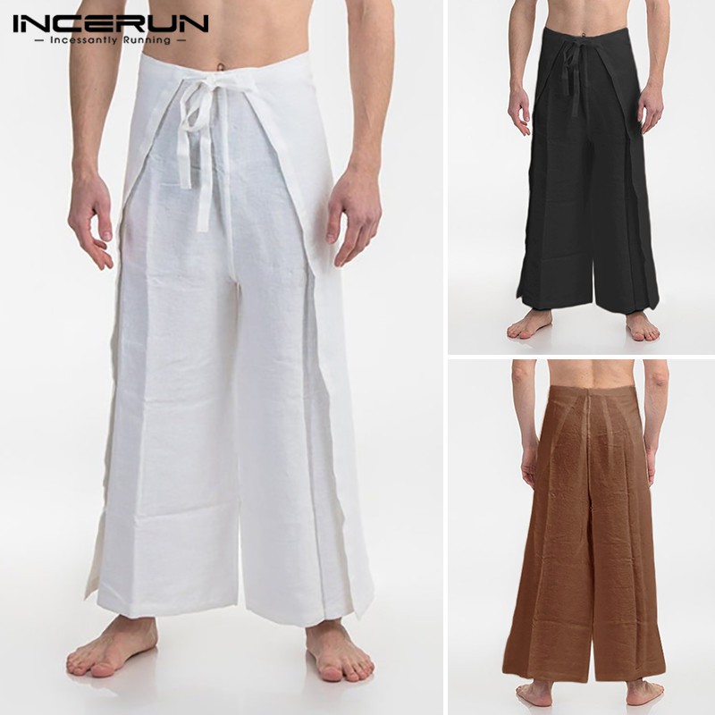 Quần INCERUN Bằng Cotton Lưng Cao Ống Rộng Màu Trơn Tập Yoga Cho Nam