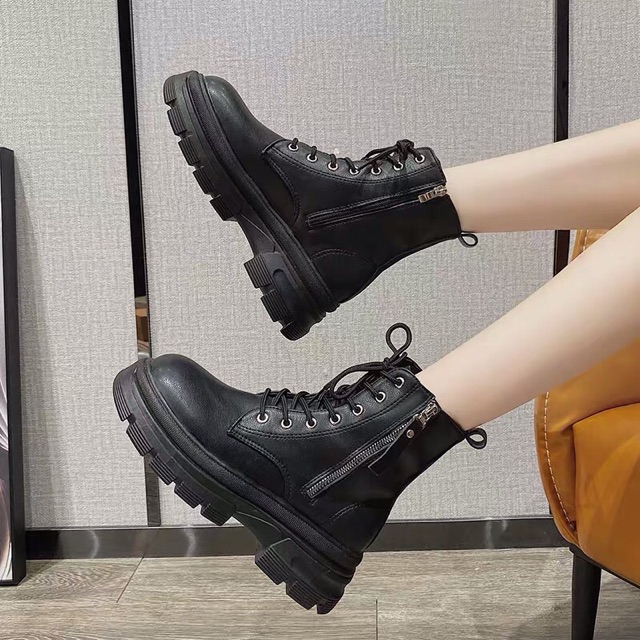 [Có Sẵn] Giày bốt Martin nữ cổ ngắn đan dây đế cao 5cm có khoá sườn | BigBuy360 - bigbuy360.vn