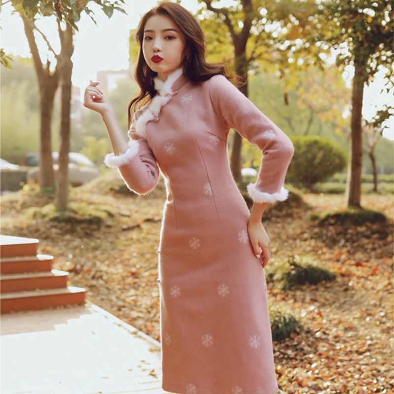 Đầm Sườn Xám Cách Tân Tay Dài Bằng Lông Thỏ Nhân Tạo Phong Cách Trung Hoa Thời Trang Mùa Đông 2022 Mới