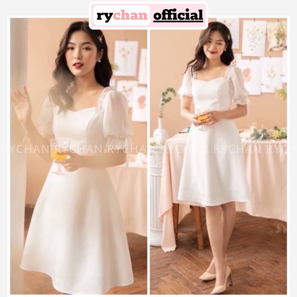Đầm Dự Tiệc Sang Chảnh Form Ngắn Xòe Tay Phồng Nơ Cỏ Vuông Bo Eo Cực Hot Màu Trắng [ẢNH THẬT CUỐI] - DX9833
