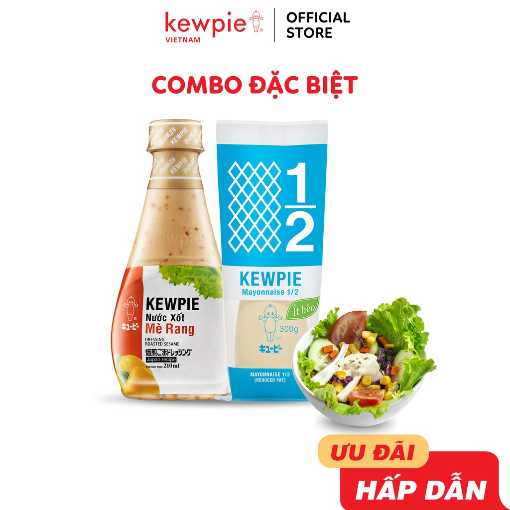 Combo Sức khỏe 1 chai Nước Xốt Mè Rang Kewpie 210ml x 1 chai Xốt Mayonnaise Kewpie Ít Béo 300g