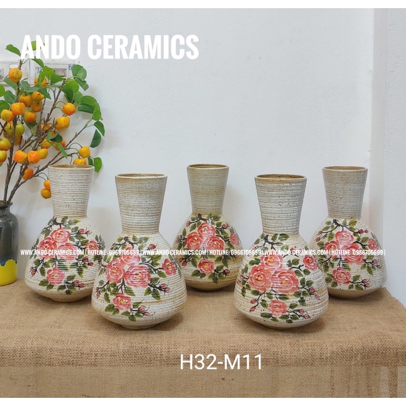 (Được chọn mẫu) BỘ BÌNH HOA GỐM SỨ BÁT TRÀNG MEN TIÊU VẼ TAY HOA HỒNG ANDO CERAMICS