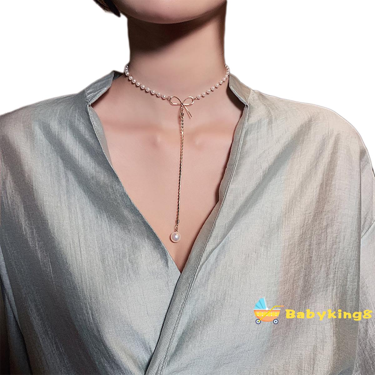 Me-Clavicle Necklace Pearl Rhinestone Adjustable Bow Elegant Noble Fashionable Joker Woman Jewelry Pendant Necklace