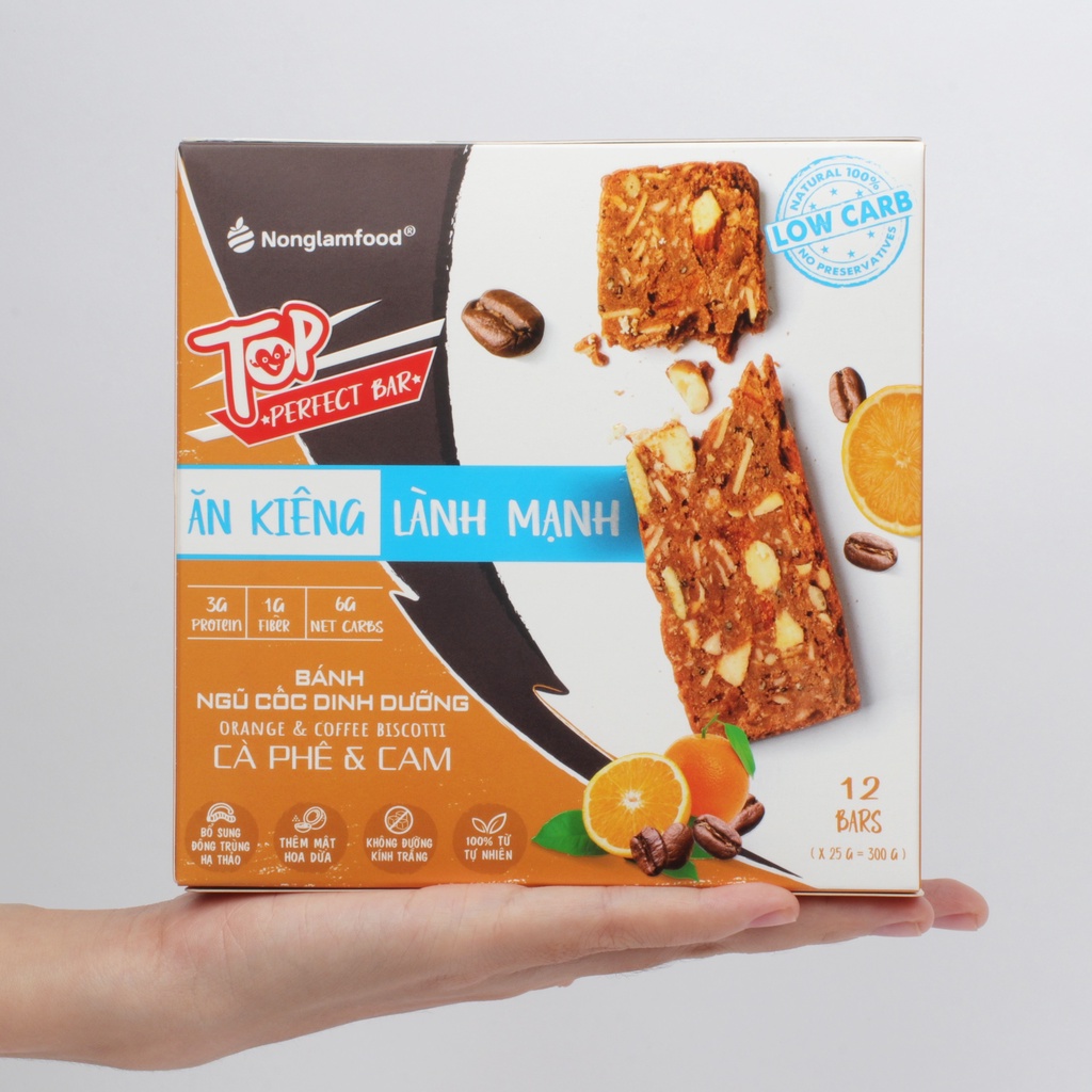 Bánh Biscotti ngũ cốc Top Perfect Bar Nonglamfood Vị Cà Phê &amp; Cam hộp 12 thanh | Ăn Kiêng Không Béo | Dinh Dưỡng