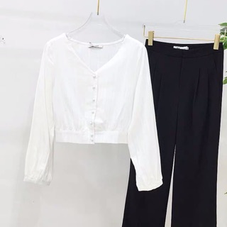 [HÌNH THẬT] ÁO XÔ DÀI TAY CỔ TIM NÚT BỌC DÁNG CROPTOP
