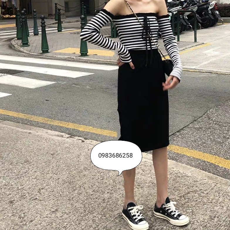 SET ÁO TRỄ VAI KẺ MIX CHÂN VÁY MIDI LEN TĂM