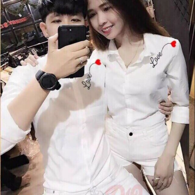 Áo sơ mi lụa nam nữ thêu love