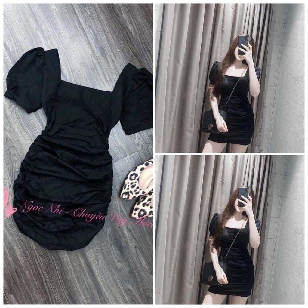 ĐẦM BODY NHÚN SƯỜN CỔ VUÔNG TAY PHỒNG CHẤT THUN DÀY DẶN | BigBuy360 - bigbuy360.vn