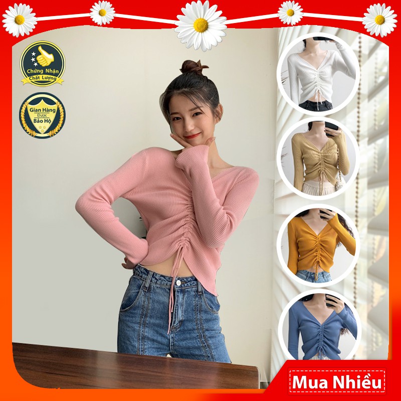 Áo nữ croptop FREESHIP đẹp tay dài cổ chữ V mã SP22 dây rút thời trang len hàn quốc cá tính