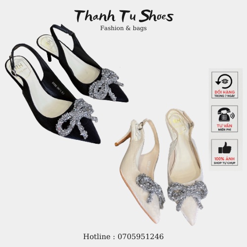 Sandal Nữ Cao Gót Mũi Nhọn Nơ Đá Khóa Cài Sau Sang Trọng Thanh Lịch Cao Cấp