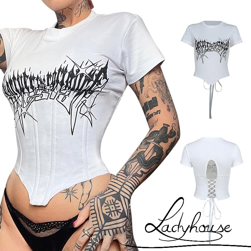 Ldd-áo Thun Tay Ngắn Cổ Tròn In Họa Tiết Cột Dây Mùa Hè Màu Trắng S/M/L Cho Nữ