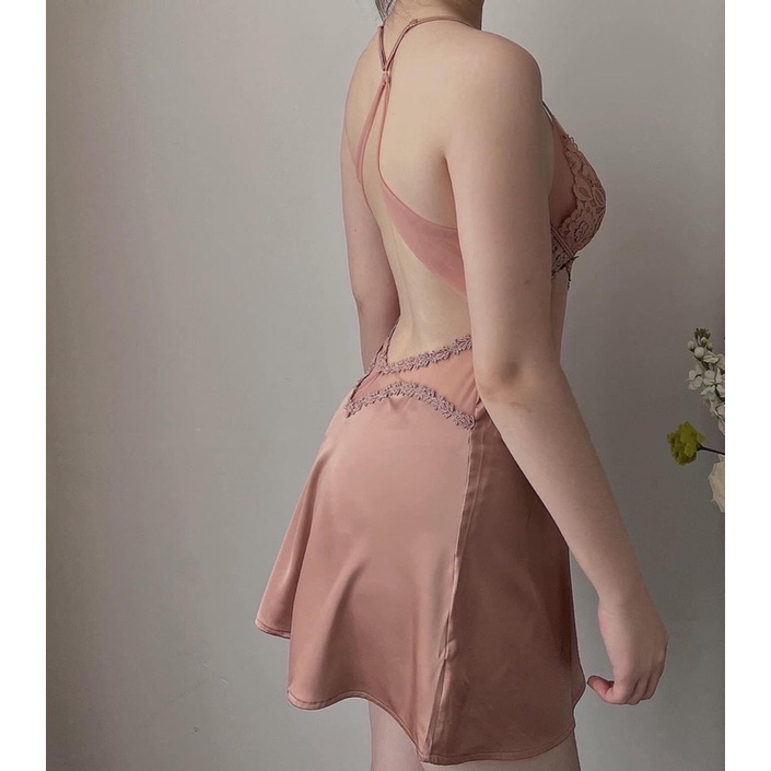 Váy Ngủ VS Lụa Phối Ren Cổ V Form Basic