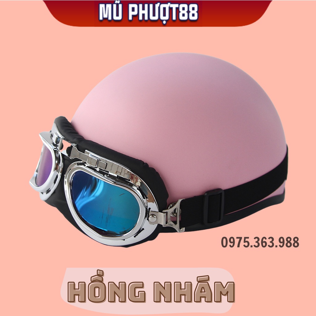 Mũ bảo hiểm nửa đầu có kính phi công, kính uv cute màu trơn hot, nón bảo hiểm phượt 1/2 hồng trơn nhám