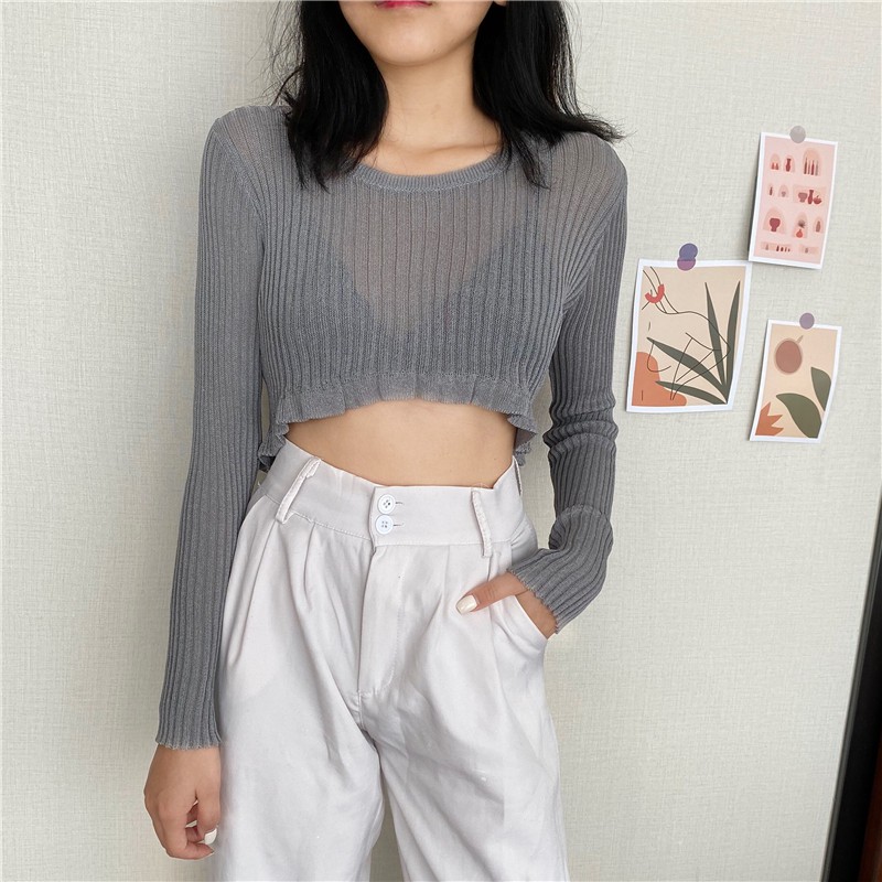 AGA Hà ng giao ngay Áo Croptop Tay Dài Xuyên Thấu Phong Cách Hàn Quốc Cho Nữ