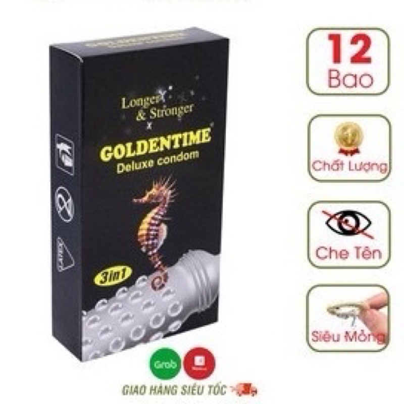 Bao cao su Goldentime gân gai siêu mỏng siêu mềm cao cấp - Bcs 3 in 1 kéo dài thời gian- Hộp 12 Bcs