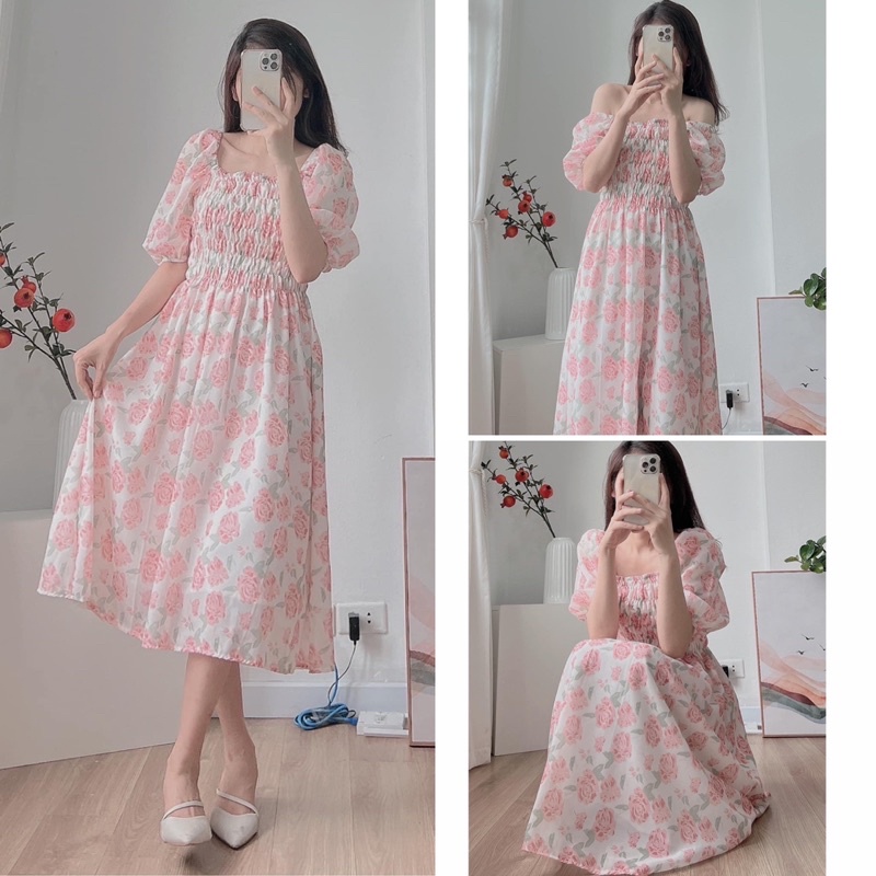 Đầm hoa nhí vintage tiểu thư ROSIE dáng dài nhún ngực hoa hồng