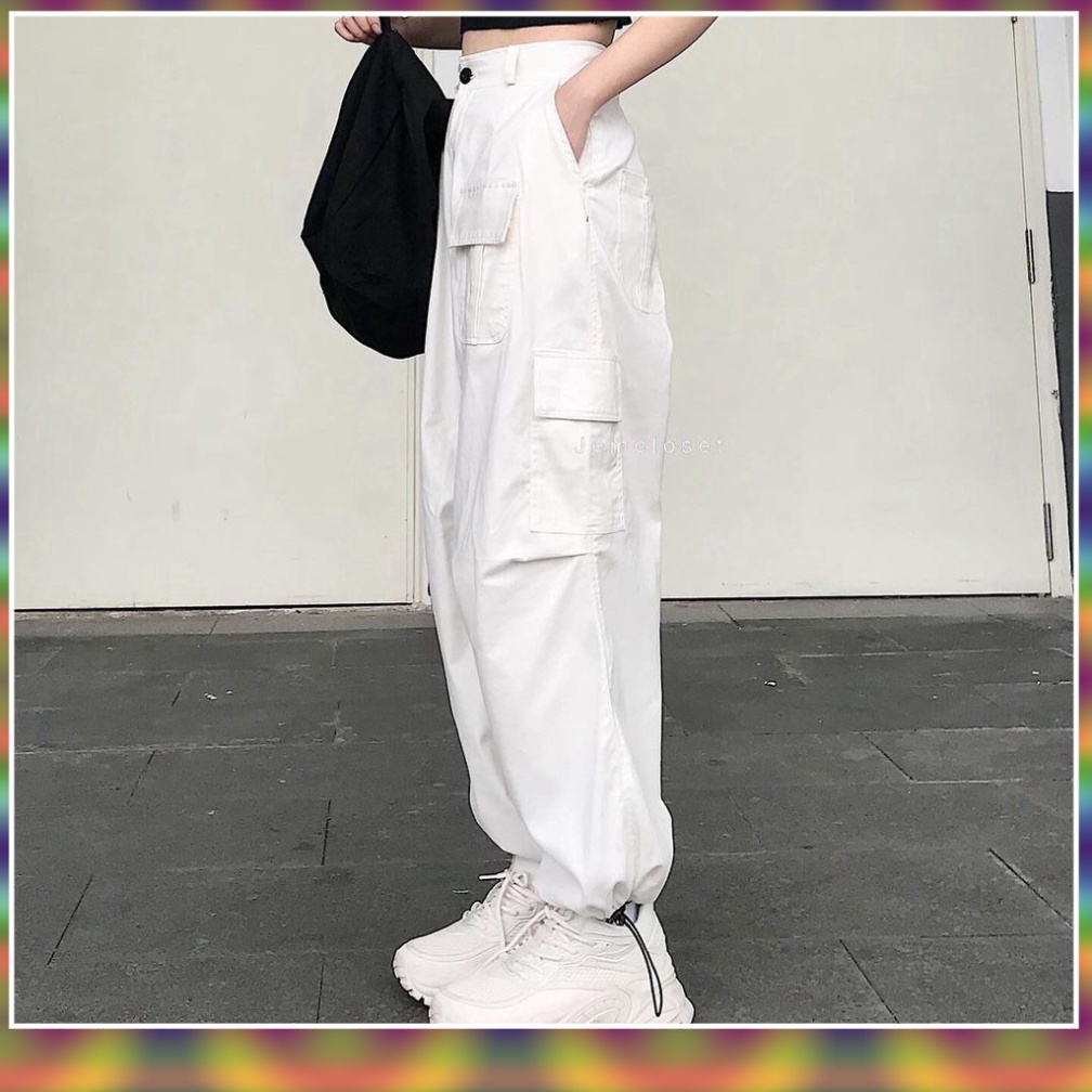 Quần Nữ Đẹp | Quần Jogger Dây Rút Túi Hộp Aseon - Quần Baggy Kaki Trắng Mặc 2 Xinh Suông Bo Khoá Kéo Cúc Cài Box Pant
