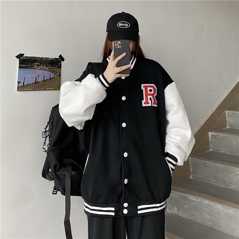 Bomber ❤️❤️ Áo khoác bomber nam nữ bóng chày  ĐEN chữ R đỏ mùa đông chống nắng vải nỉ dày cao cấp giá rẻ