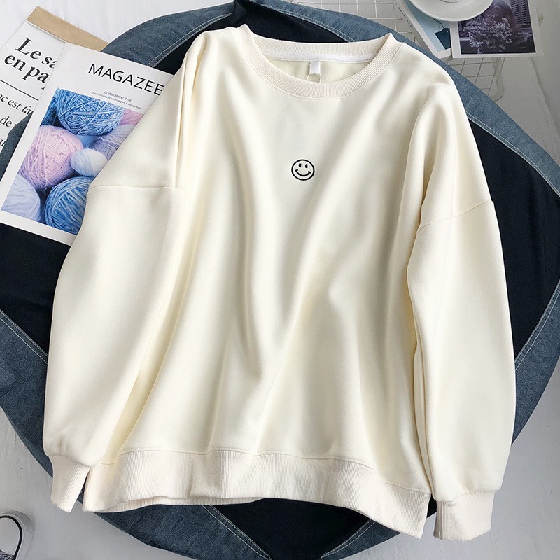 Áo Sweater Unisex - Áo Sweater From rộng dáng thụng Chất Liệu Nỉ Bông Hình Thêu Mặt Cười Tạo Điểm Nhấn