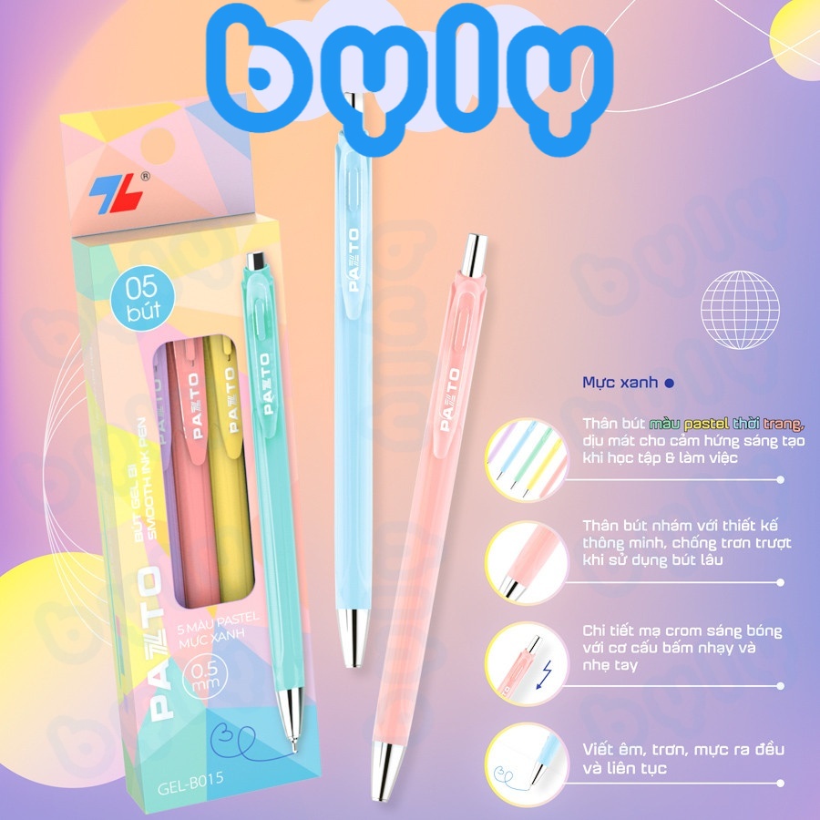 Bút gel mực xanh Pazto vỏ nhiều màu pastel xinh xắn 𝑻𝒉𝒊𝒆̂𝒏 𝑳𝒐𝒏𝒈 Gel-B015 - ByLy Store