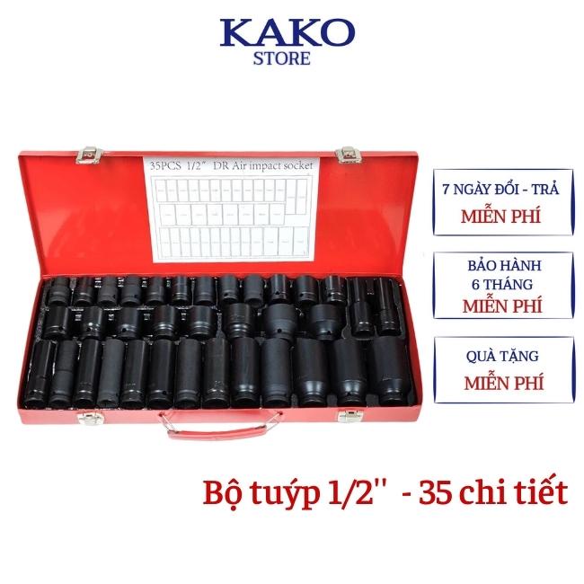 Bộ khẩu vặn ốc, bộ tuýp mở bulong 1/2 inch đen thép chrome vanadium 35 chi tiết, Kako