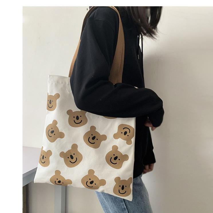Túi Tote Vải Canvas Nữ xách tay đeo vai Hàn Quốc cao cấp In Hình chú gấu conl kute xinh xắn giá rẻ HB070