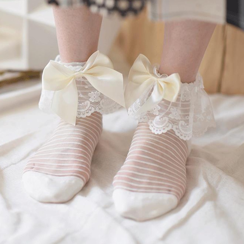 Youyo Đôi Vớ Lolita Công Chúa Bằng Sợi Thủy Tinh Phối Ren Lưới Siêu Mỏng Thắt Nơ Cổ Điển Ngọt Ngào Cho Nữ
