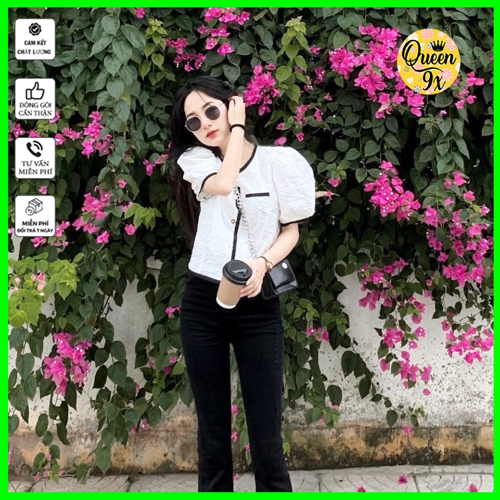 Áo Sơ Mi Cúc Ngọc Chất Xốp Hoa Viền Đen Trắng Dáng Tiểu Thư,áo sơ mi nhiều kiểu dễ thương