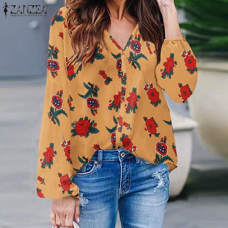 Zanzea Áo Kiểu Tay Dài Cổ Chữ V In Họa Tiết Hoa Thanh Lịch Dành Cho Nữ