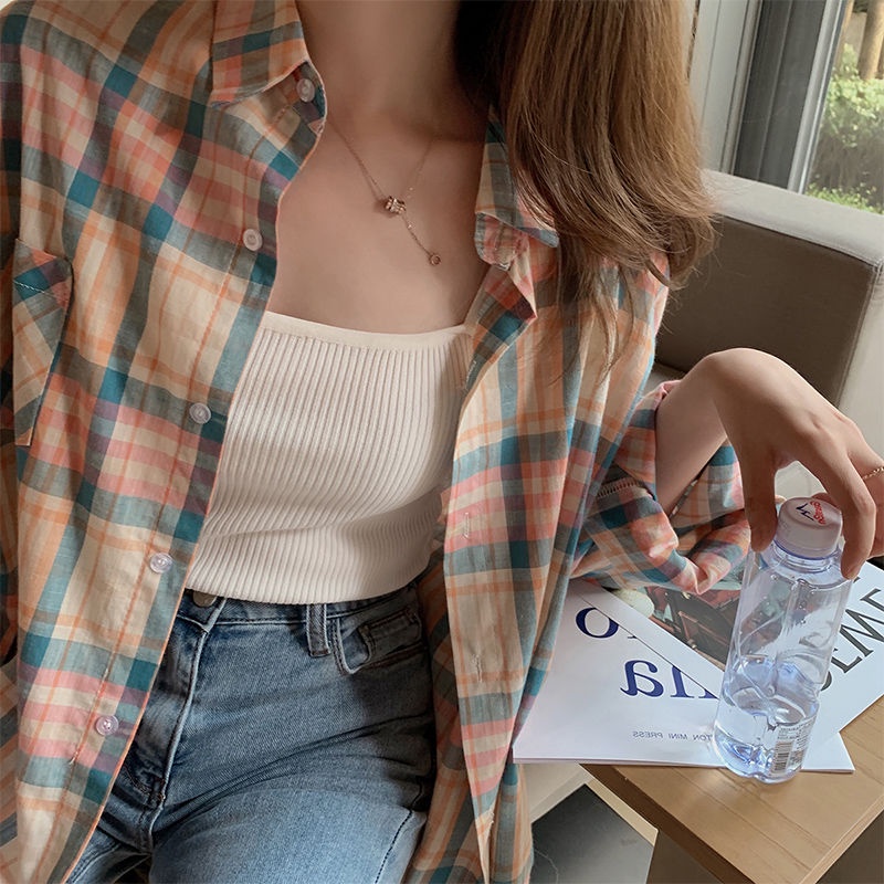 Áo khoác sơ mi mỏng dáng rộng sọc caro phong cách Hàn Quốc thời trang mùa hè dành cho bạn nữ