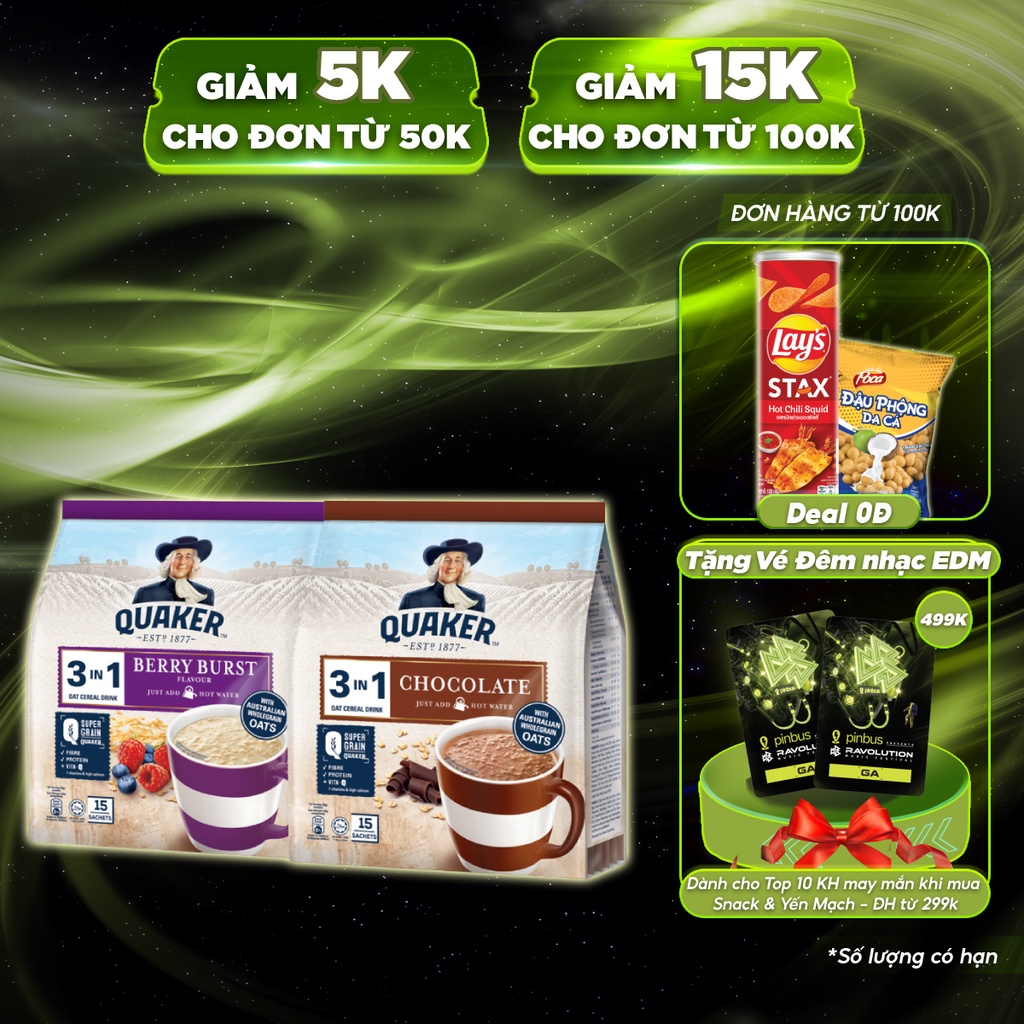 [Mã GRO1APR giảm 20K đơn 150K] Combo 2 Túi Thức Uống Yến Mạch Quaker 3in1 Vị Berry Burst 450g &amp; Chocolate 420g