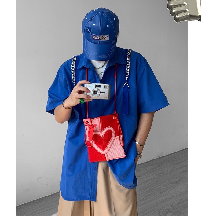 Áo Sơ Mi Tay Ngắn Dáng Rộng Màu Xanh Dương Thời Trang Đường Phố Cho Nữ
