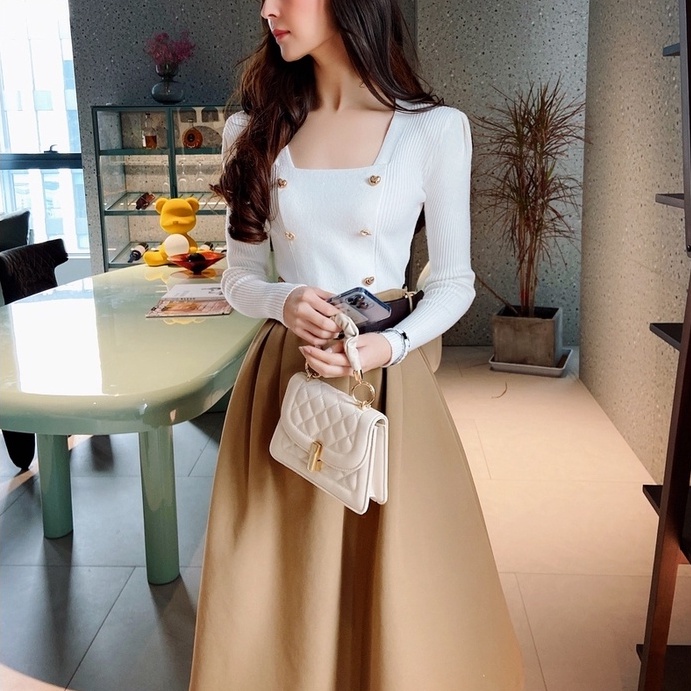 Áo dệt kim ZHELIHANGFEI tay dài cổ vuông phối nút cài thời trang xinh xắn cho nữ