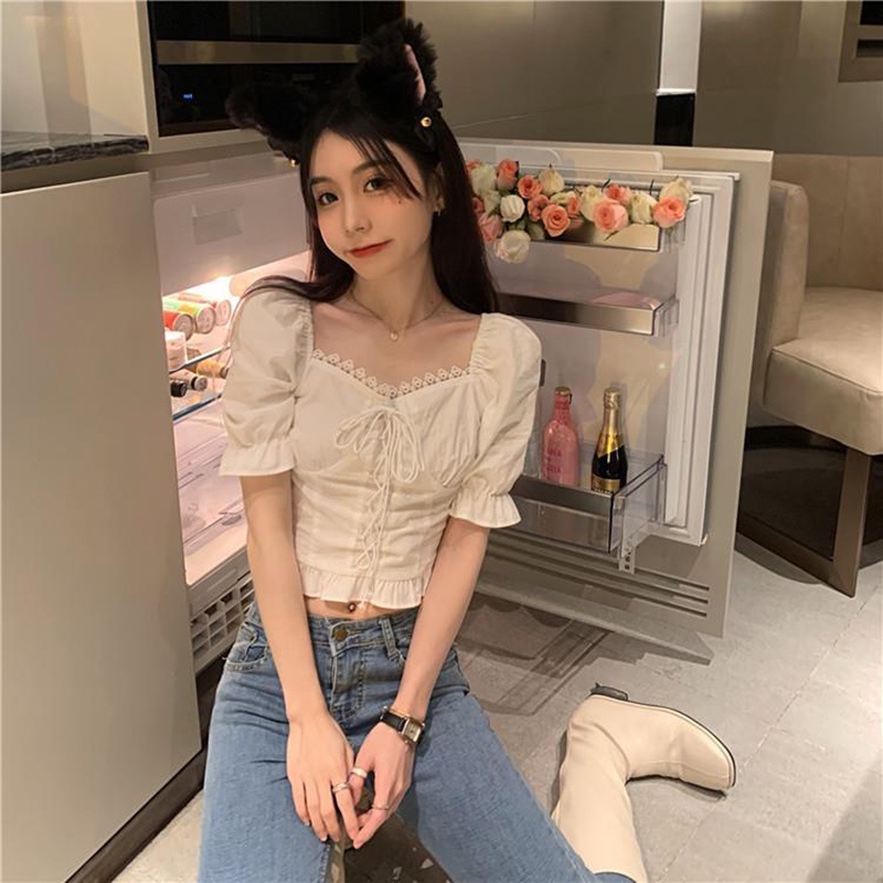 Áo croptop IELGY cổ vuông phong cách Pháp thời trang mùa hè xinh xắn cho nữ