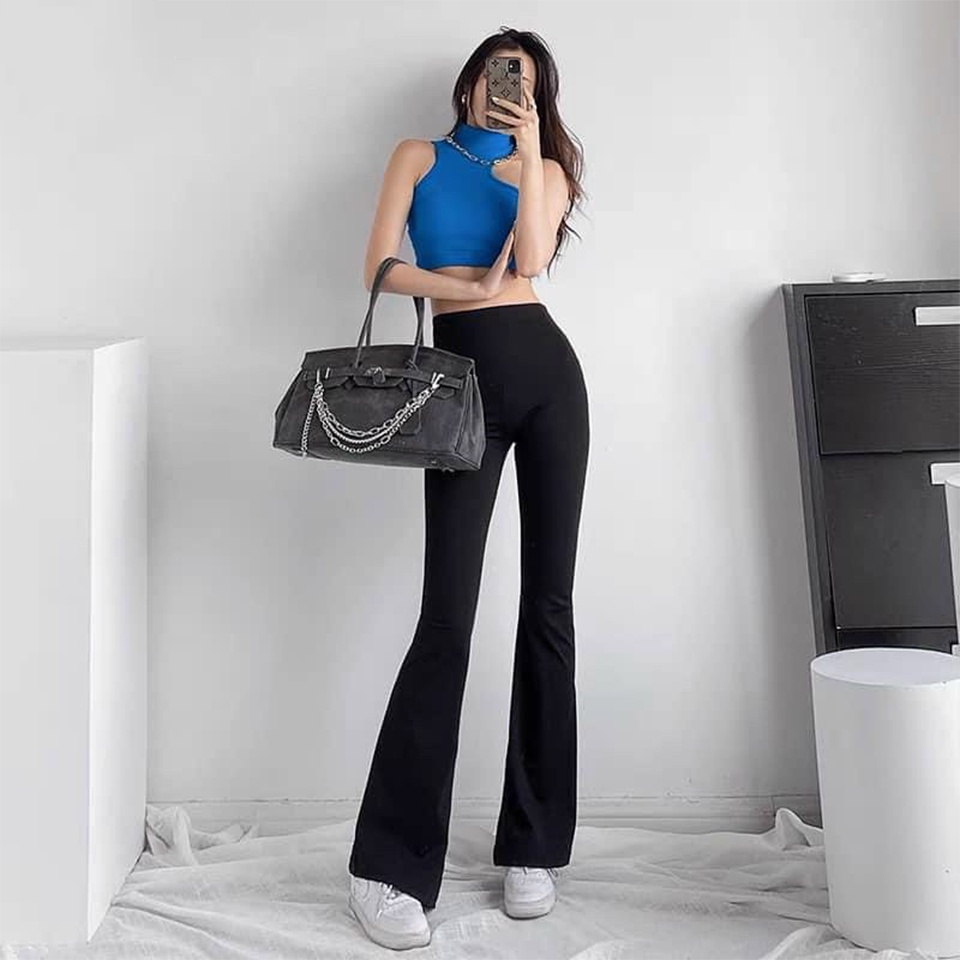 Quần tăm nữ Ladya ống rộng loe lưng cao nhung tăm dáng dài cạp chun Ulzzang M90