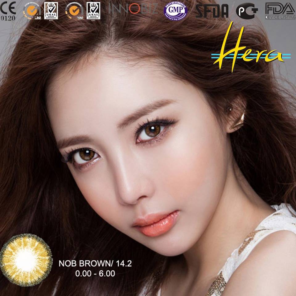 Lens mắt màu nâu áp tròng Nob brown 14.2mm 6 tháng, kính áp tròng có độ cận -0.00>-6.00-Lens Optic