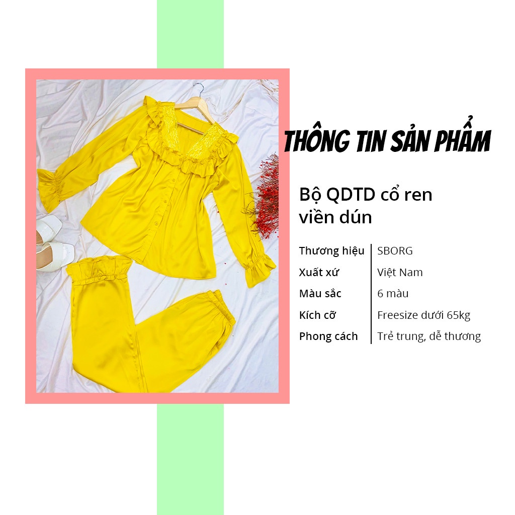 Đồ bộ mặc nhà SBORG bộ pijama dài tay lụa latin cổ áo viền ren mix bèo dún dễ thương phối quần dài có túi freesize 65kg